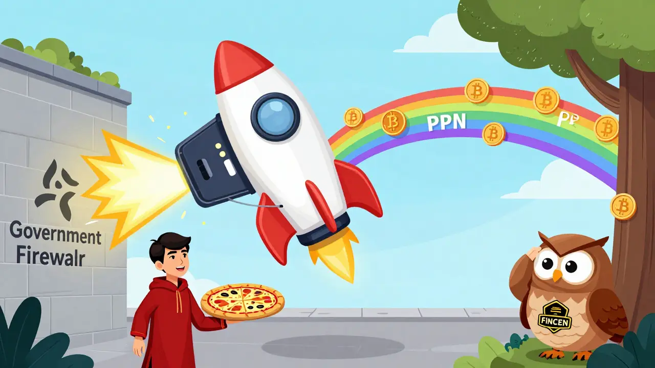 A teen uses a rocket-shaped VPN phone to blast through a firewall toward crypto exchanges, guided by a hawala agent.