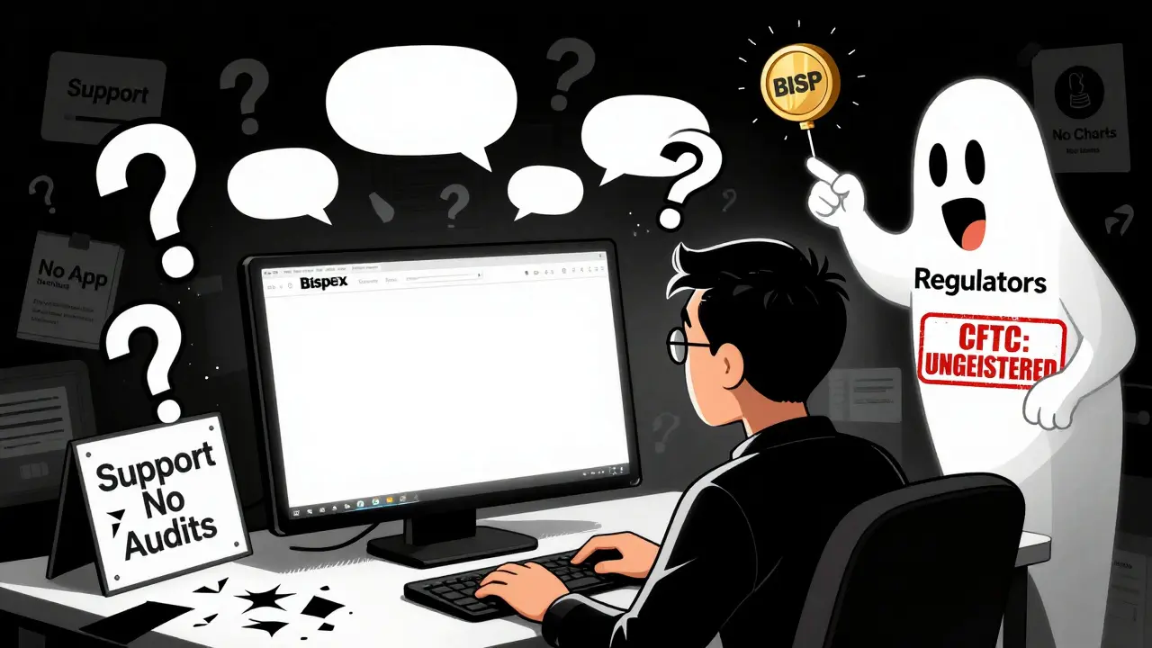 A user faces a blank Bispex screen surrounded by missing features and a looming regulator ghost.