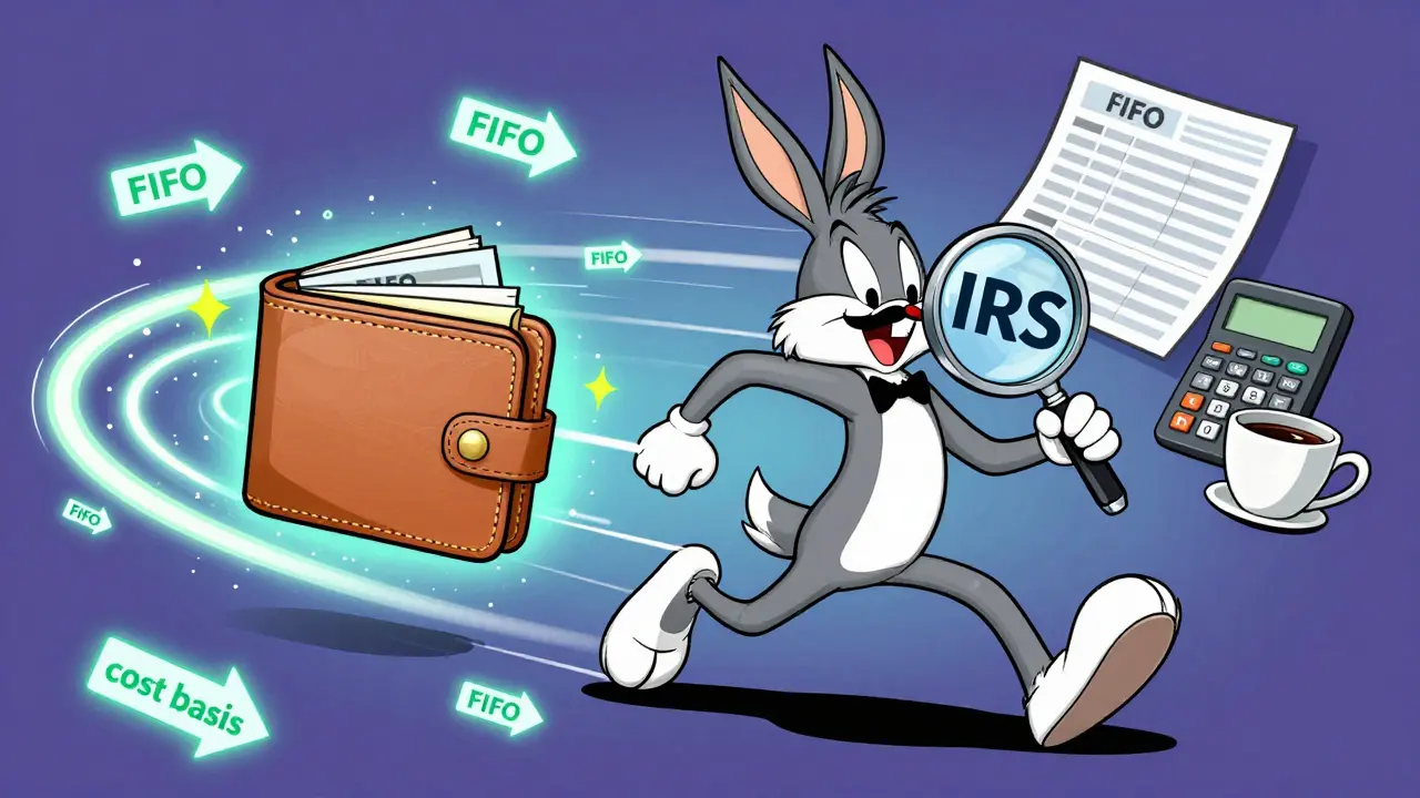 A wallet with legs fleeing from an IRS magnifying glass, chased by flying financial labels in a chaotic cartoon scene.