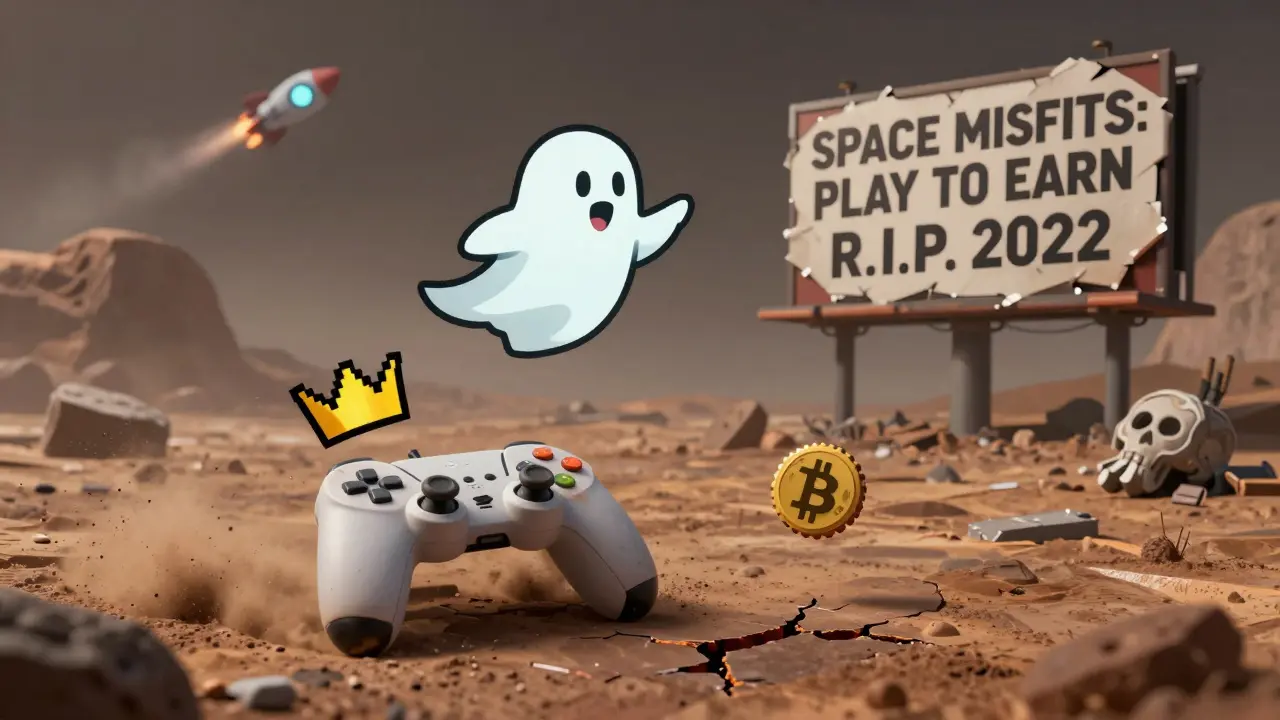 Abandoned game controller on an asteroid with a ghostly token floating above a faded billboard.