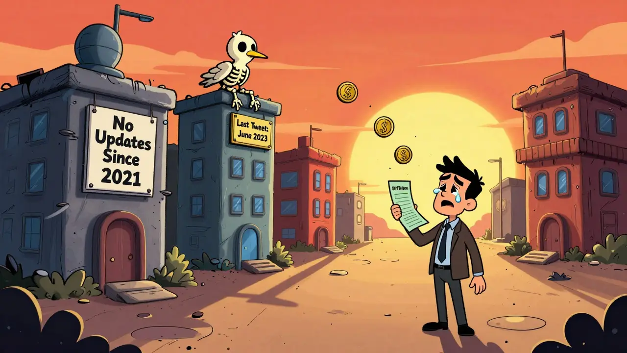 An abandoned DeFi town with skeleton Twitter birds and a crying investor holding a worthless token receipt.