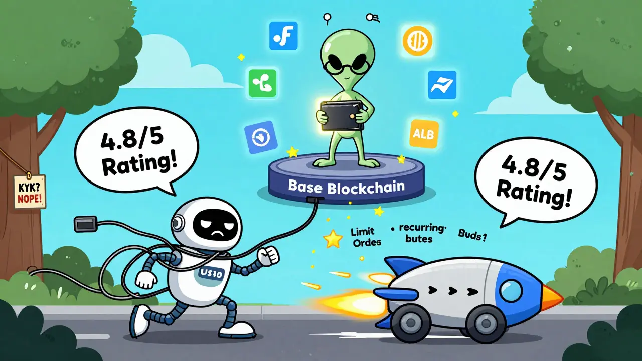 An alien using Alien Base on the Base chain, outpacing a clumsy Uniswap robot with advanced trading tools.