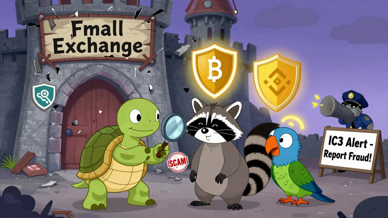 Animals stand before a crumbling fake exchange castle, while legit exchanges glow safely in the background.