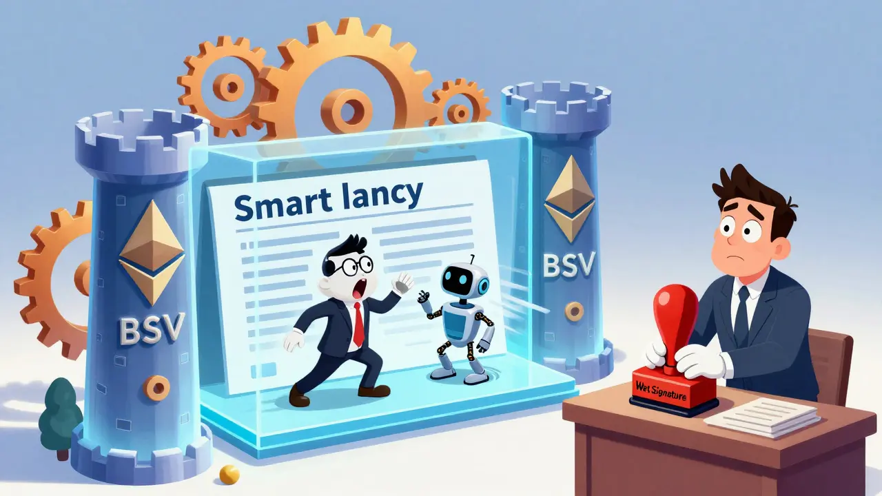 Blockchain castle with smart contract robot outpacing a shocked county recorder in cartoon style.