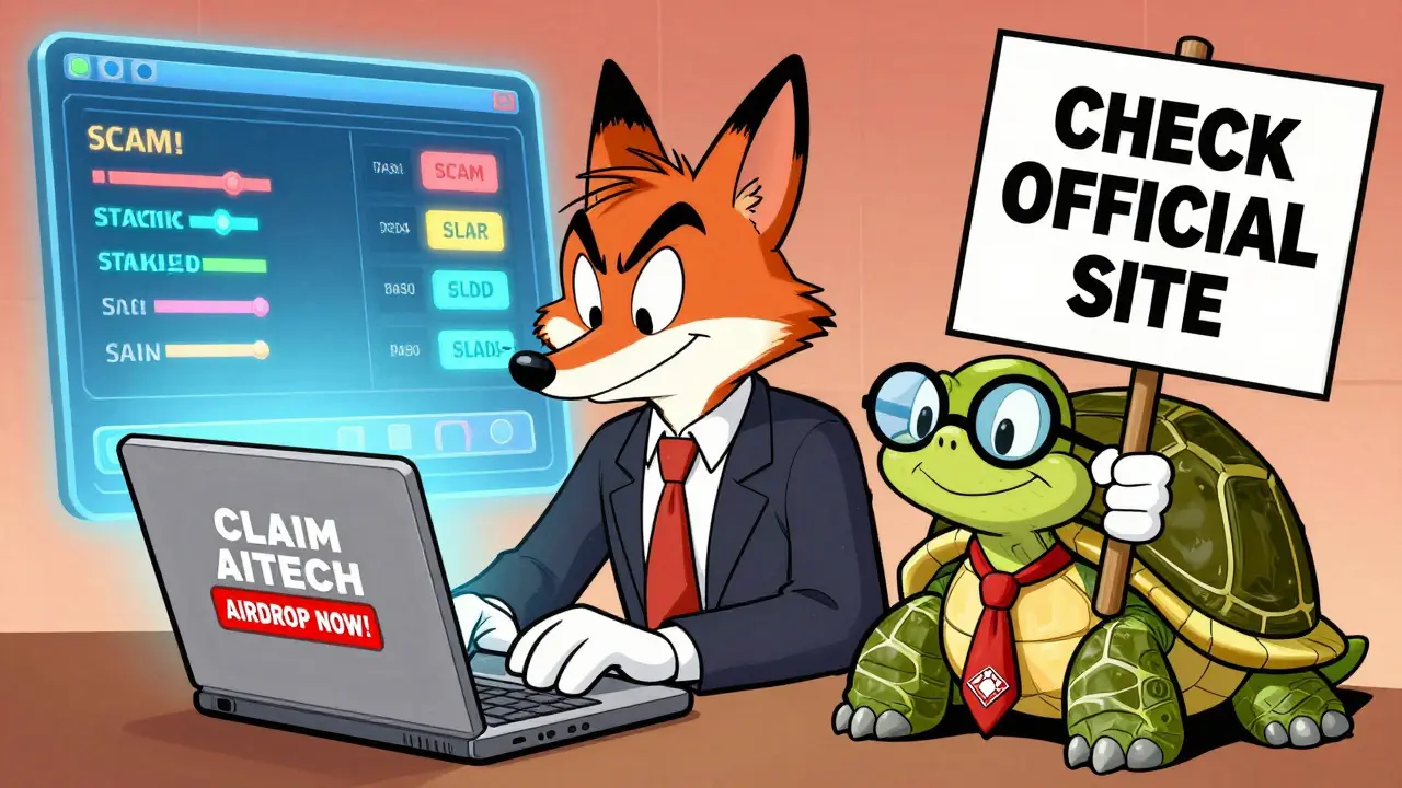 Cartoon investor being tricked by a fox scammer, while a wise turtle points to the official Solidus dashboard.