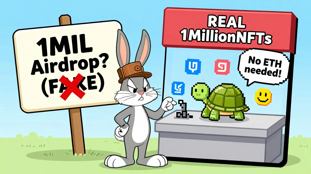 Cartoon rabbit comparing fake airdrop signs to the real 1MillionNFTs painting station.