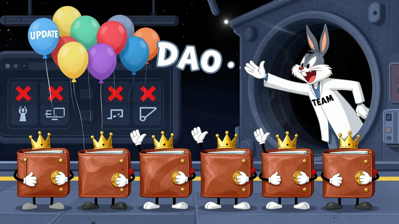 Cartoon wallets crying as they drop crumbling crown tokens while a team figure vanishes into a wormhole.