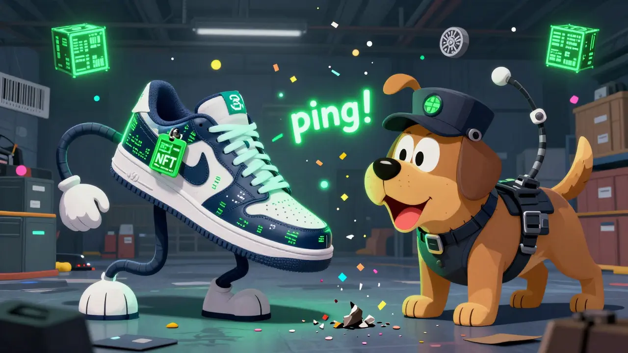 Counterfeit sneaker crumbling as a blockchain guard dog blocks it with glowing code.