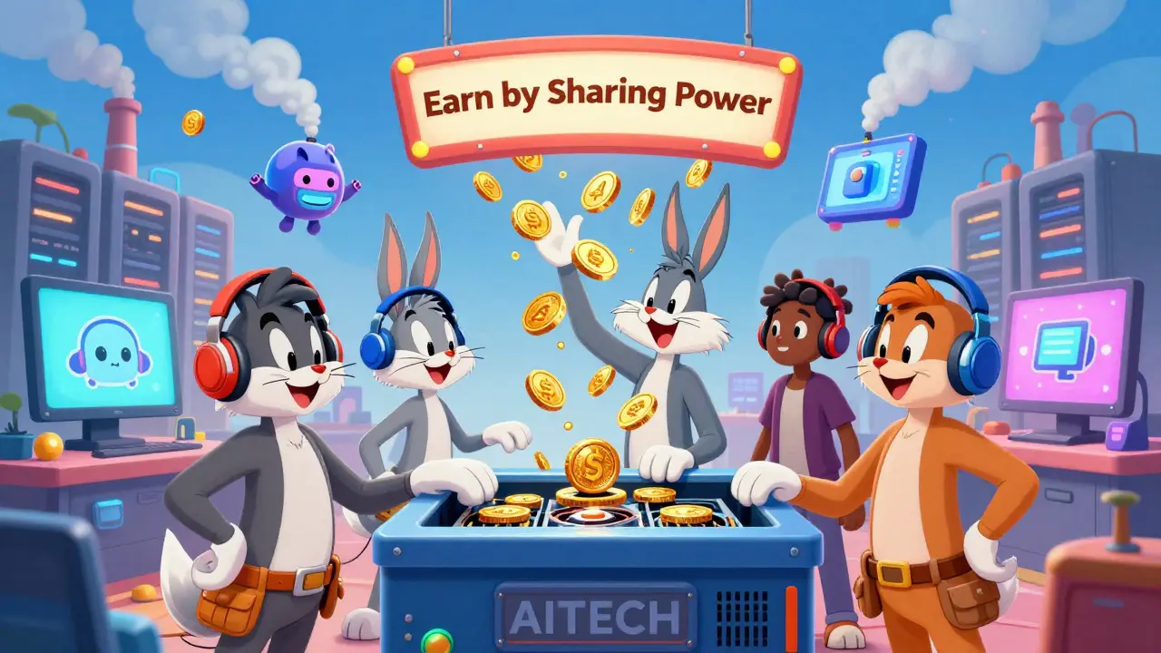 Developers earning AITECH by uploading AI tools and sharing GPU power in a whimsical tech lab.