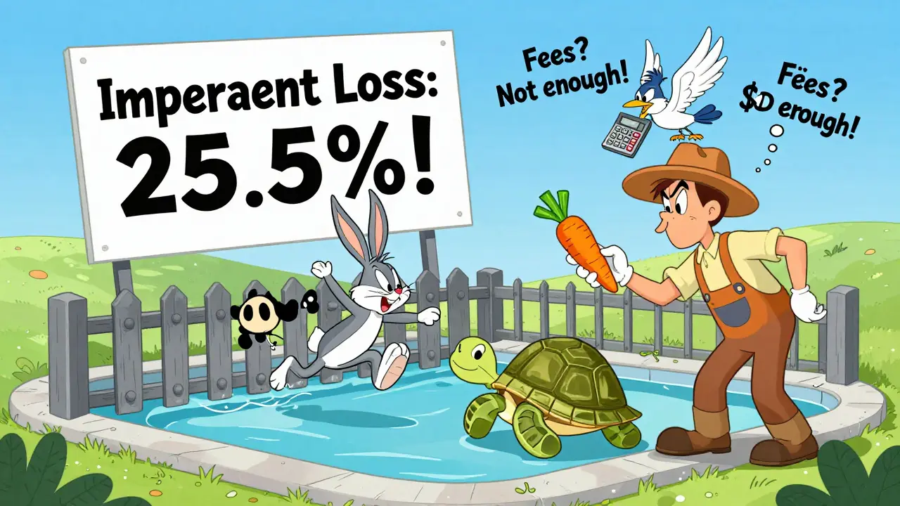 Farmer holds USDC carrots as an ETH rabbit escapes over a collapsed pool fence labeled '25.5% Loss'.