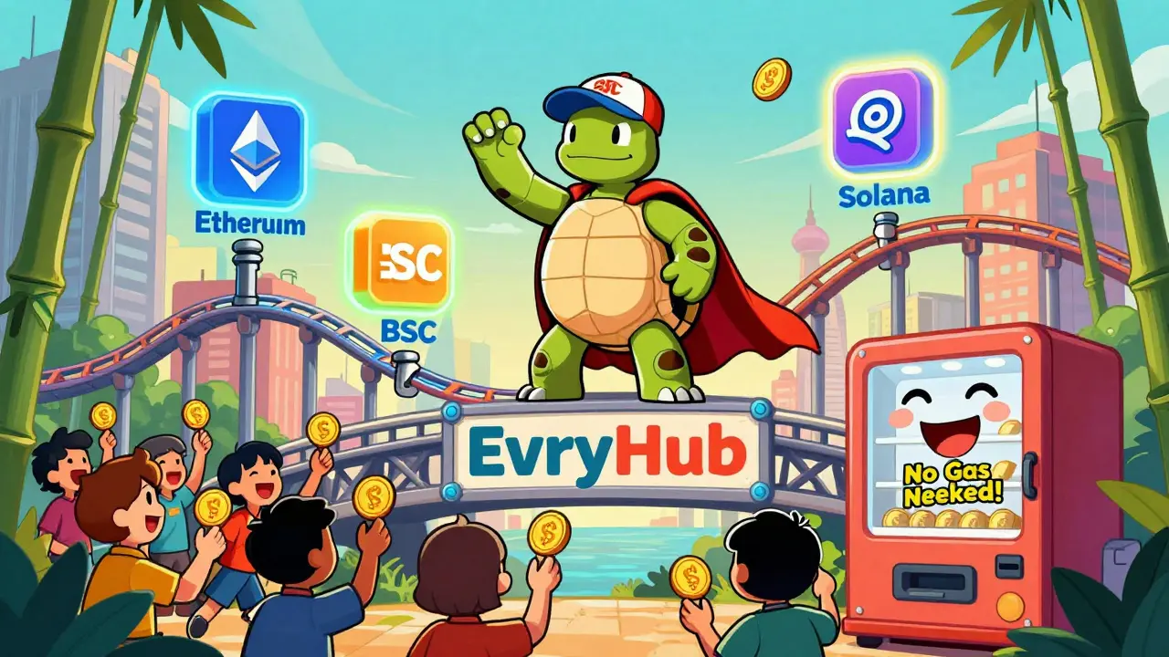 Heroic turtle on a bridge connecting blockchains, helping unbanked people receive tokens.