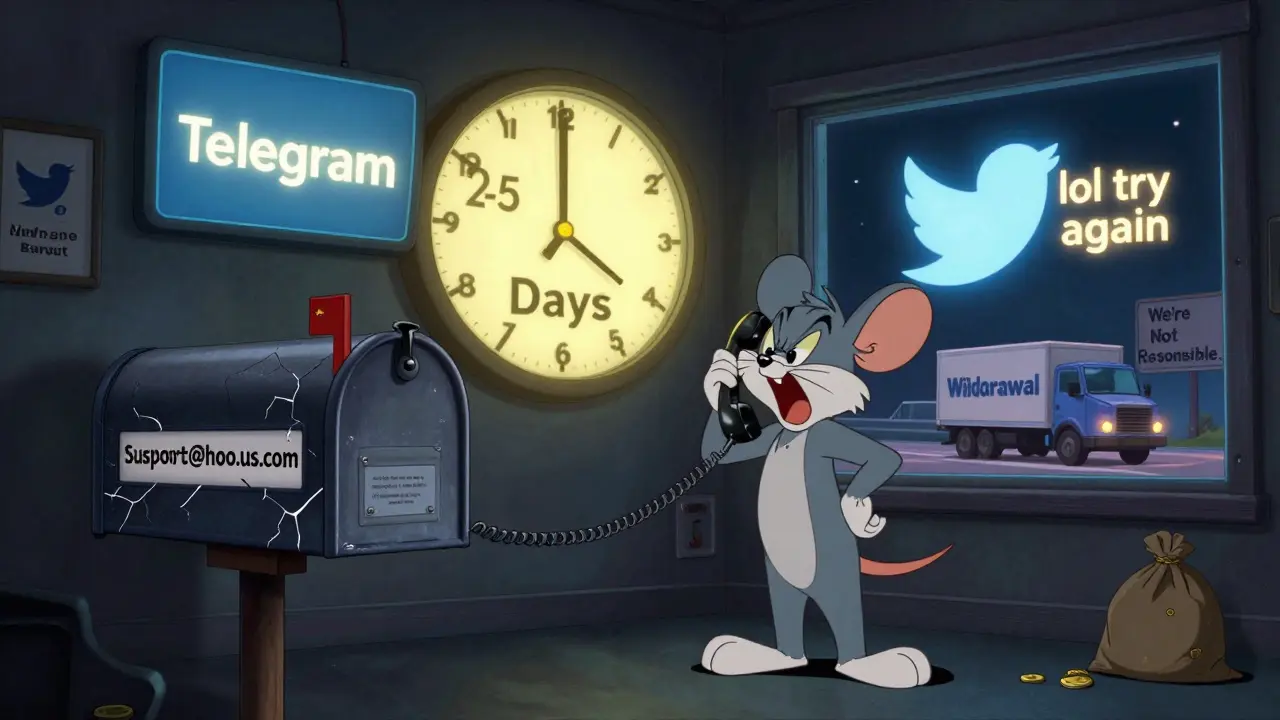 Mouse yelling into a broken phone in a dark support room with a mailbox labeled '2-5 Days', Telegram and Twitter signs glowing nearby.