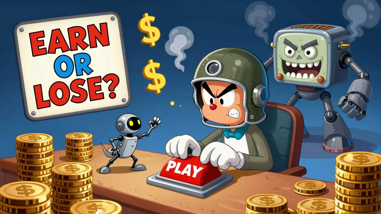 Nervous player clicking giant button as mech fights toaster-shaped AI enemy