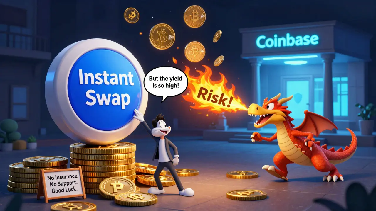 Tiny user chasing a giant Instant Swap button while being chased by a dragon labeled 'Risk', with safe Coinbase building in distance.