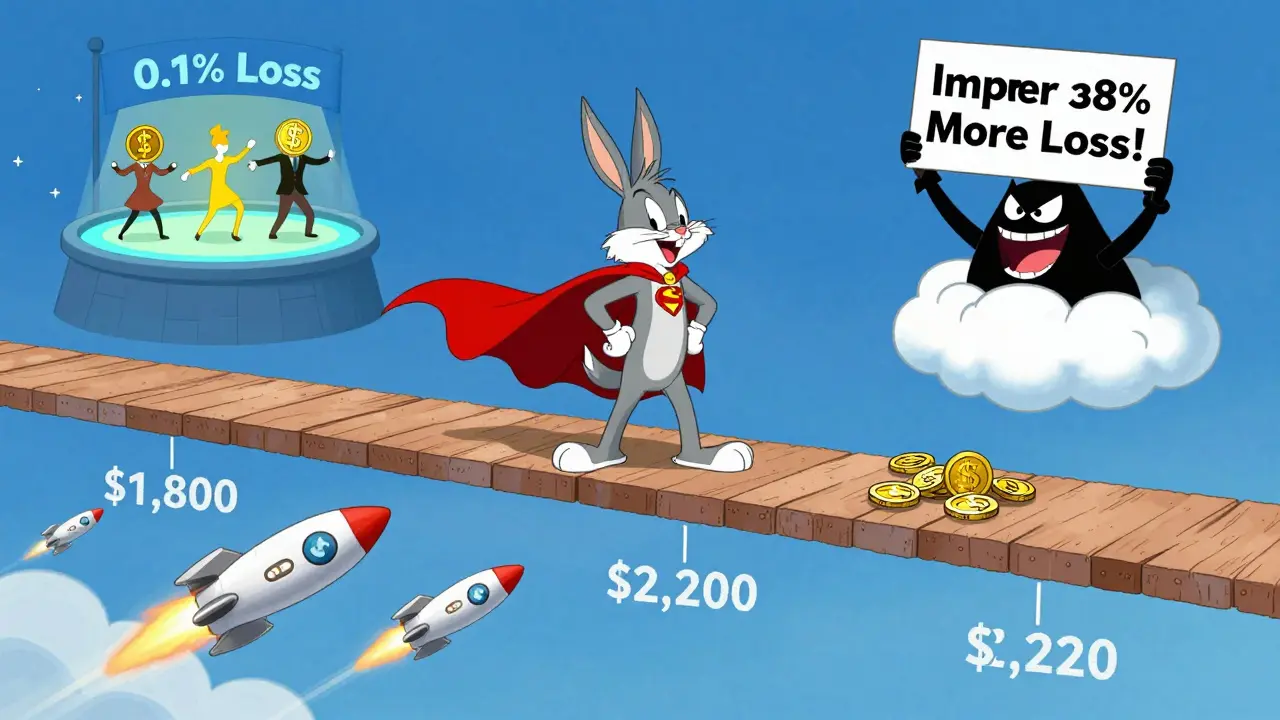 Uniswap v3 hero stranded on a narrow price bridge as ETH zooms past, while Curve pool glows peacefully below.