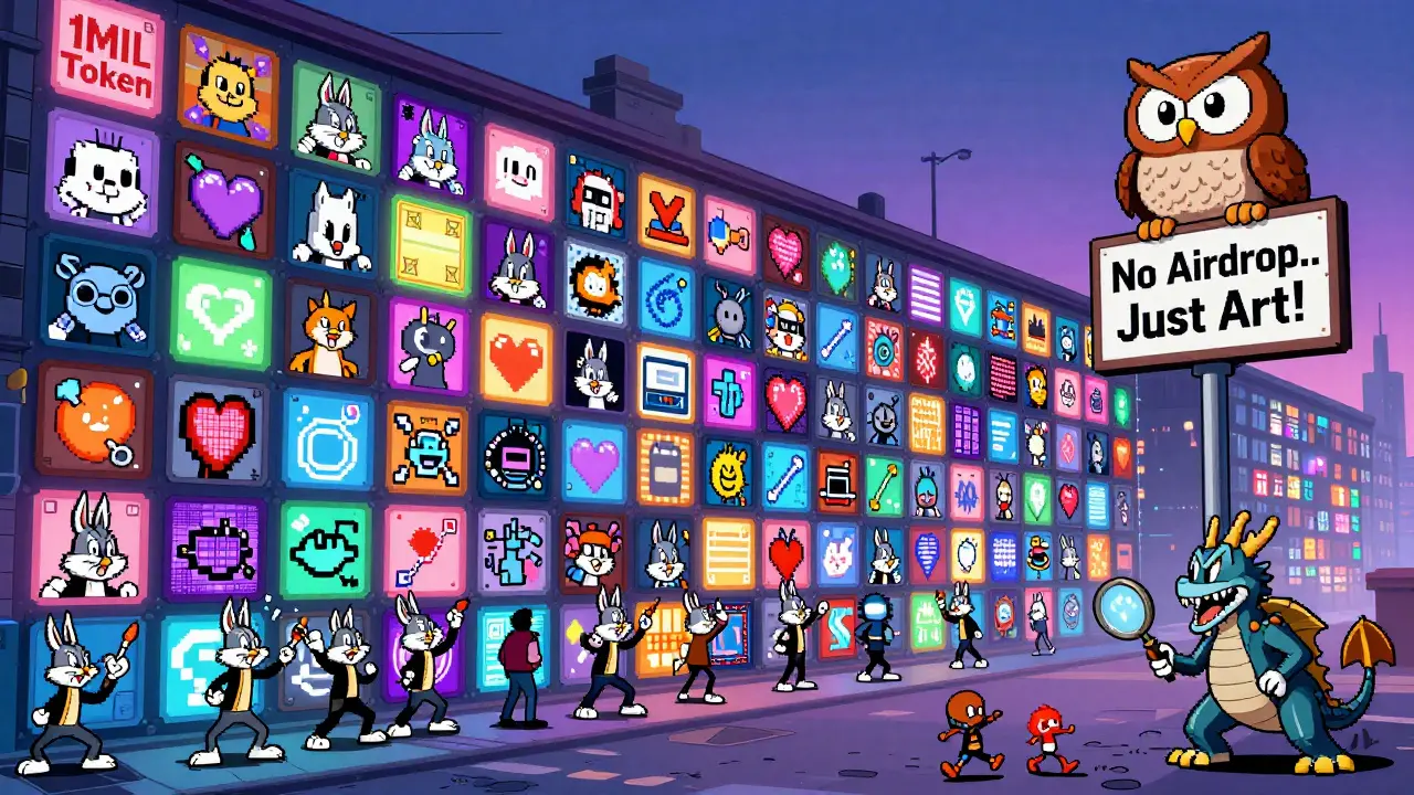 Vibrant digital graffiti wall with cartoon users painting pixels, an owl declaring no airdrop, and a scammer being chased.