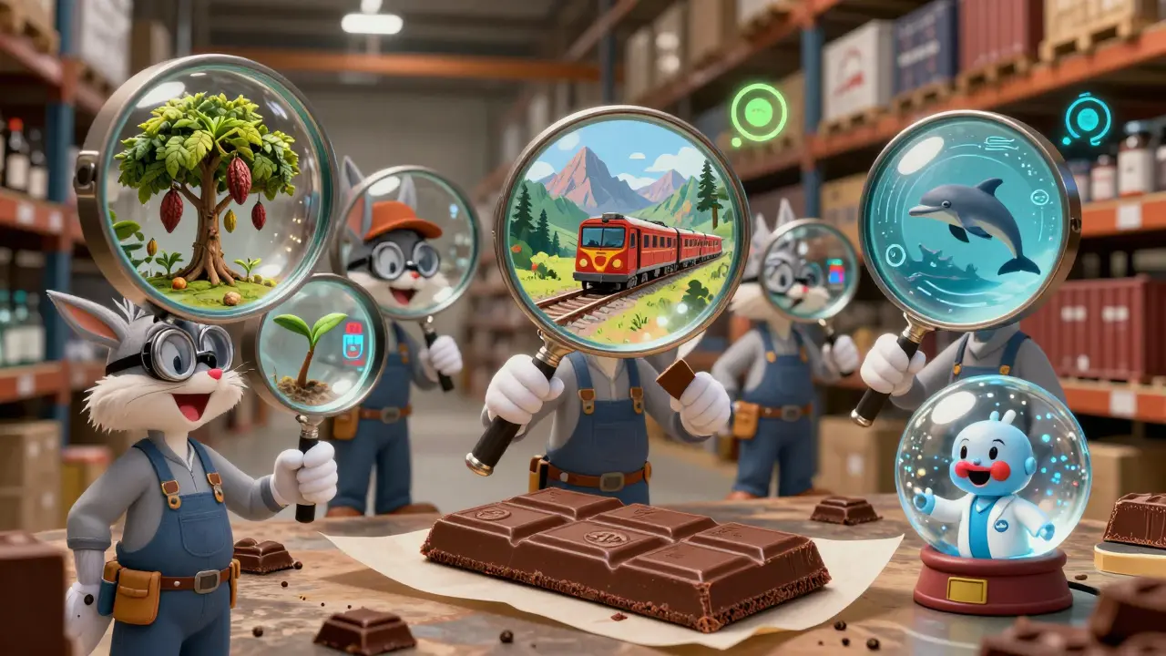 Warehouse workers using magnifying glasses to view animated chocolate supply chain.