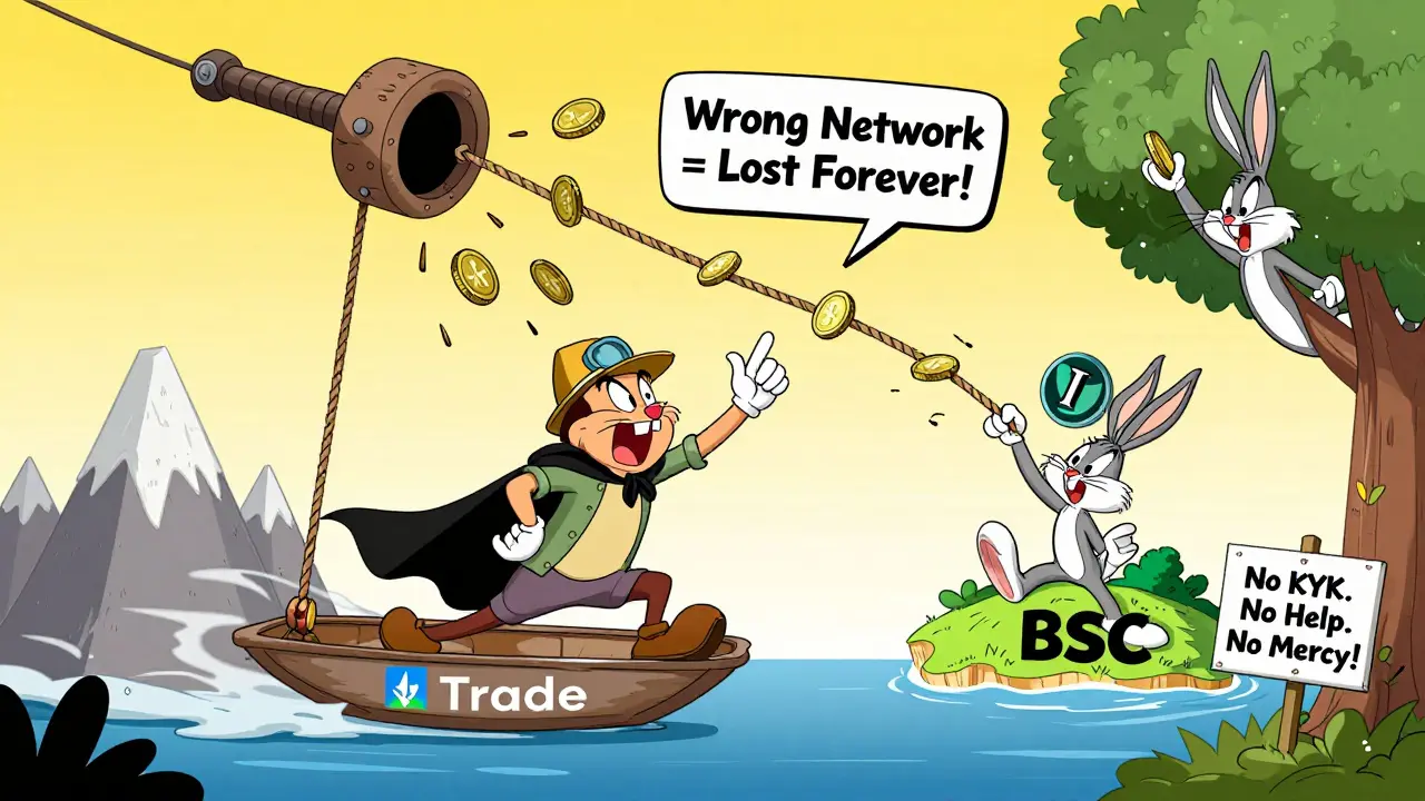 Wild trader using a broken pulley to swap coins, falling into a black hole.