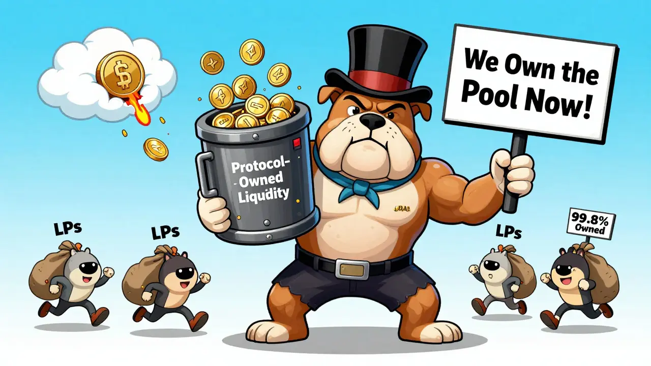 A bulldog holds a vault labeled 'Protocol-Owned Liquidity' while other characters run off with empty sacks.
