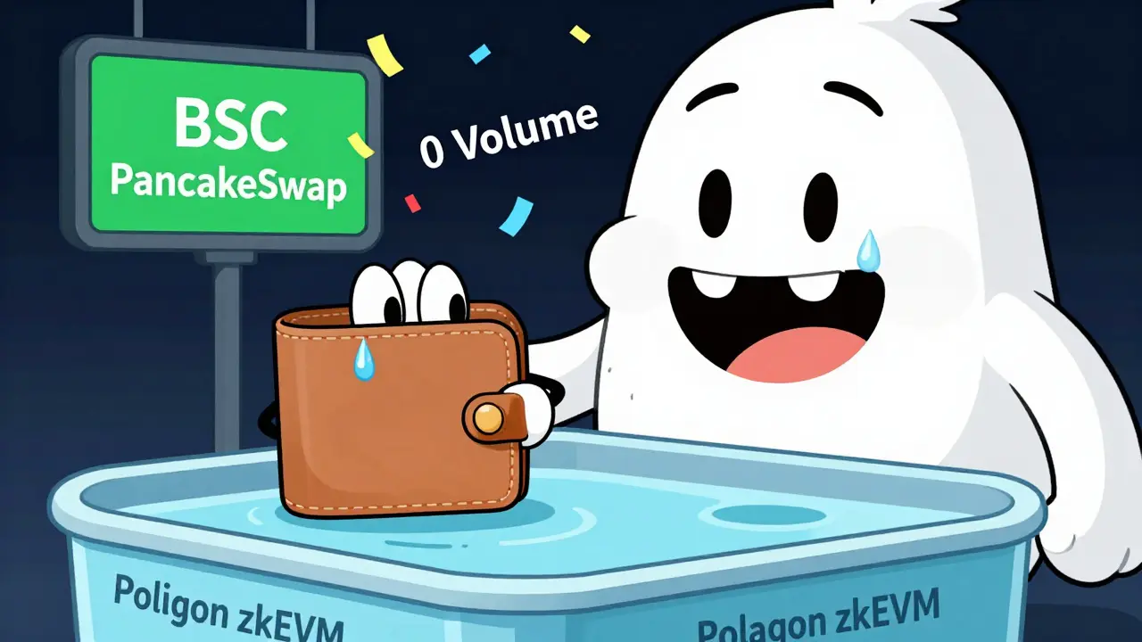 A cartoon wallet peering into an empty liquidity pool with '0 Volume' confetti falling.