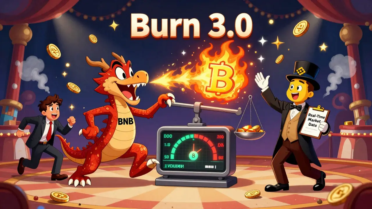 A chaotic circus scene with a dragon named BNB burning coins based on moving trading volume meters, led by a ringmaster with a clipboard.