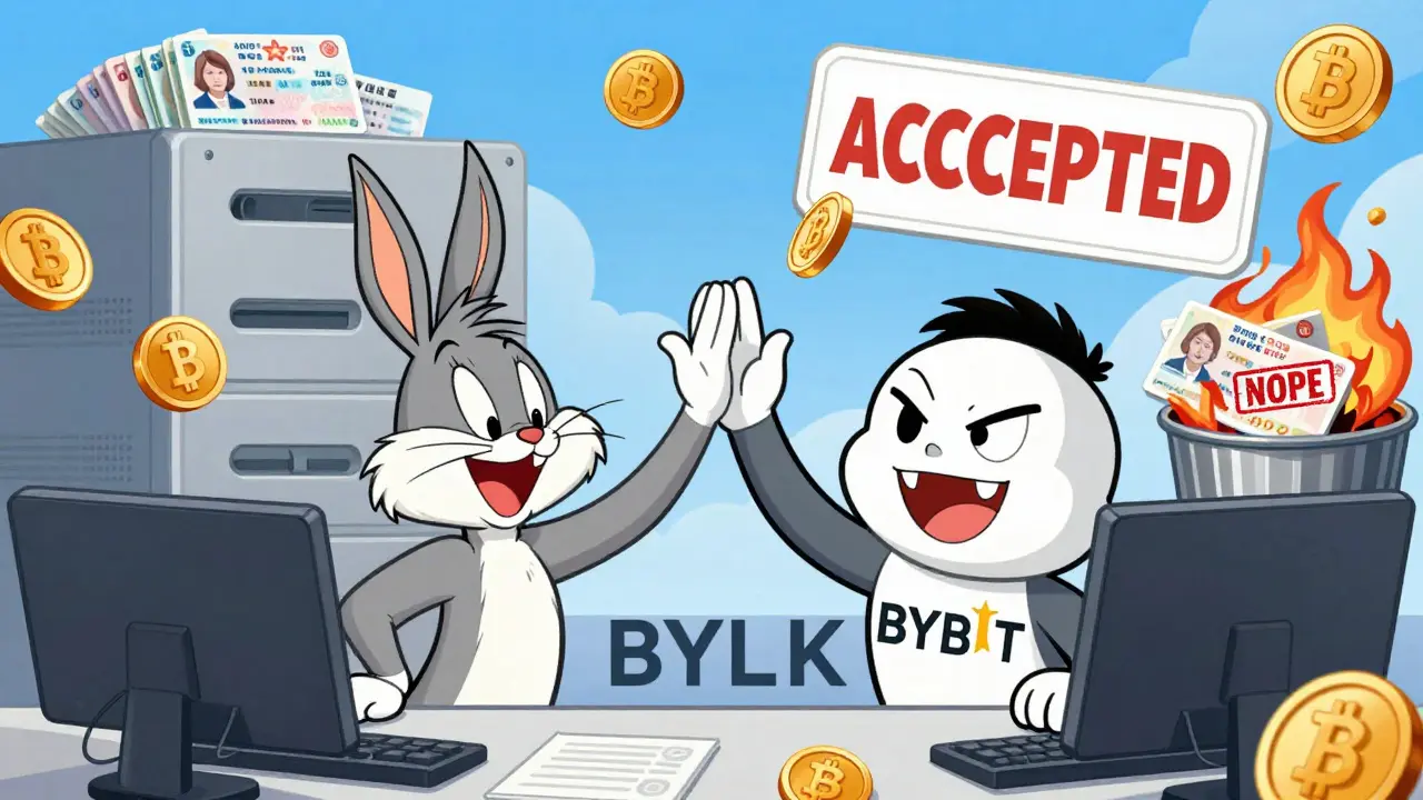 A Chinese trader successfully verifying with a Hong Kong passport at Bybit and Kraken in cartoon style.