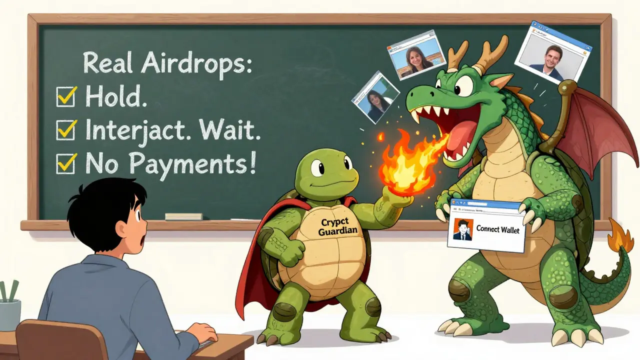A crypto guardian turtle blocks a dragon of phishing scams as real airdrop steps are shown on a chalkboard.