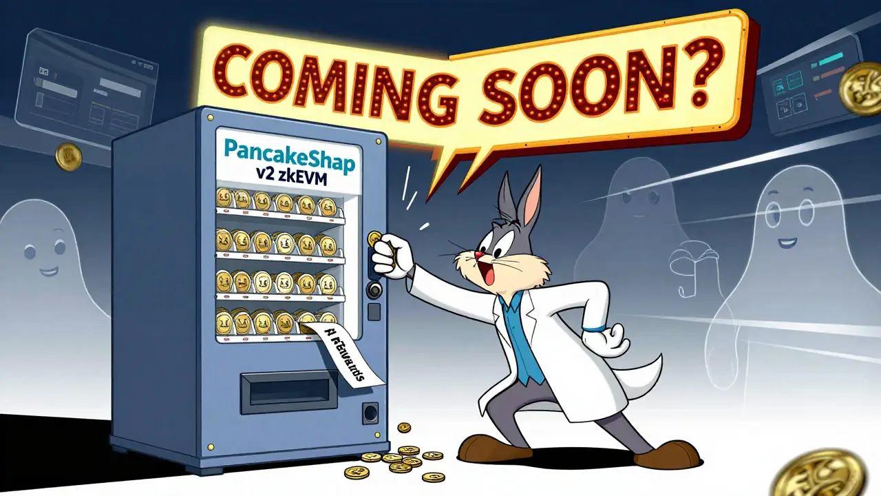 A developer feeding coins into a broken PancakeSwap machine that spits out 'No Rewards' slips.