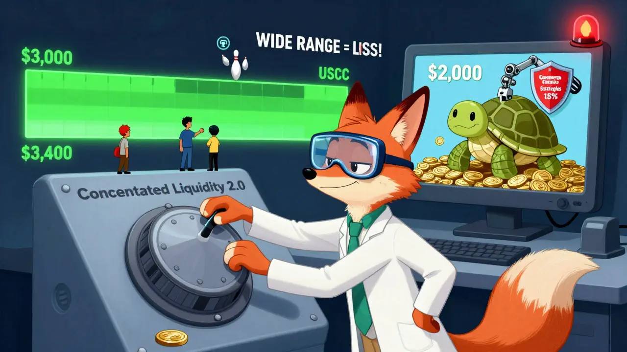 A fox adjusts a control panel with a narrow price range glowing green, while a turtle is buried under gas fees.
