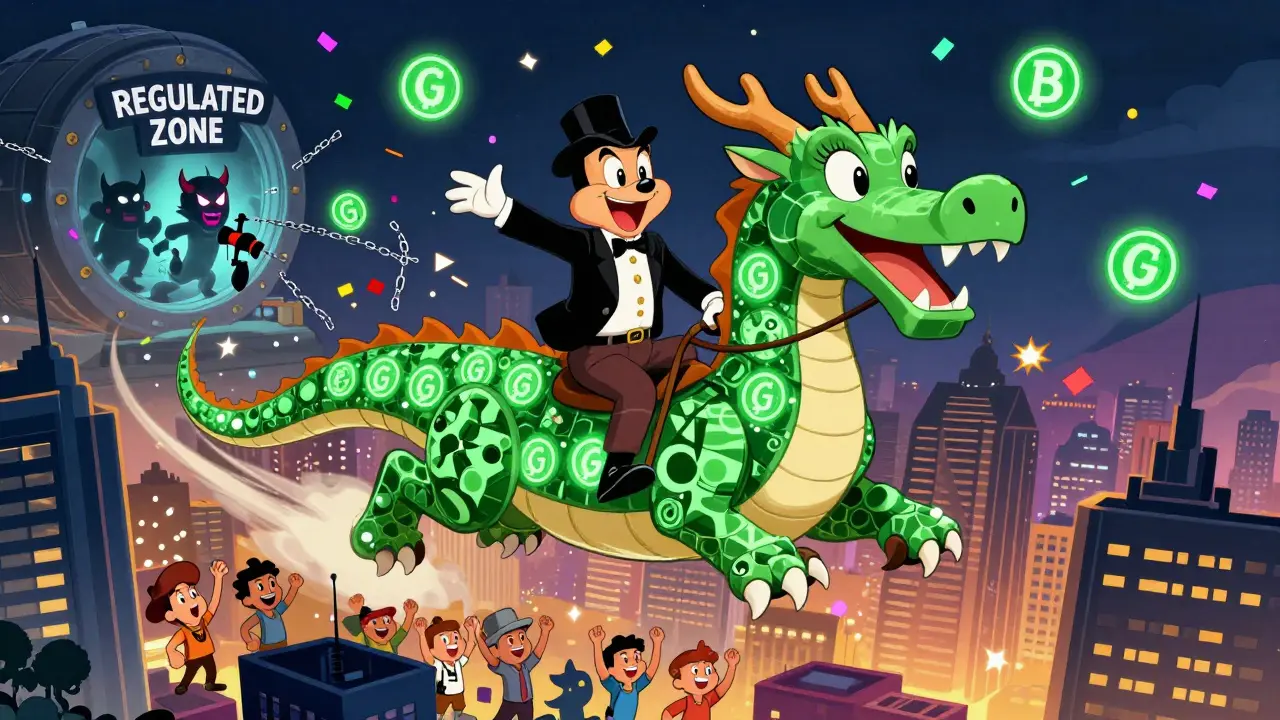 A government official rides a blockchain dragon as foreign crypto platforms are locked away.