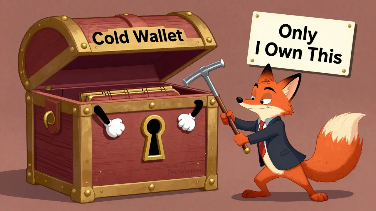 A locked treasure chest with a private key hole, guarded from a sneaky exchange fox, in Looney Tunes style.