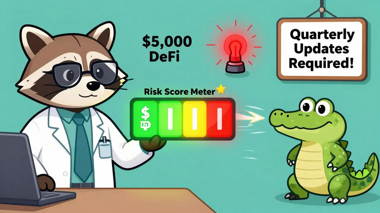 A raccoon compliance officer watches a risk meter spike as crypto transactions flash by—DeFi swap green, Myanmar transfer red, NFT turns into a crocodile.