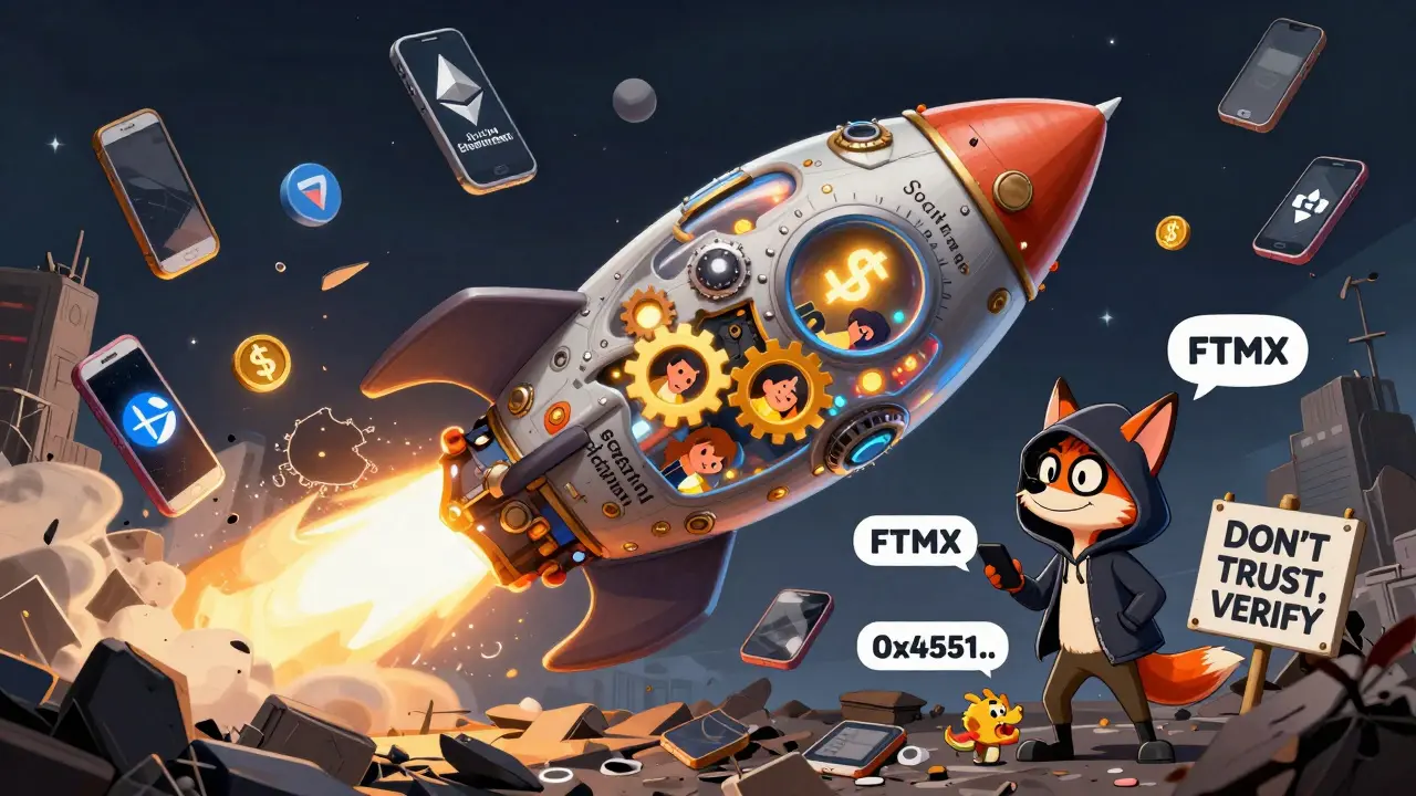 A steampunk Ethereum rocket ship powered by FTMX tokens, with a hacker fox swapping coins on Uniswap.