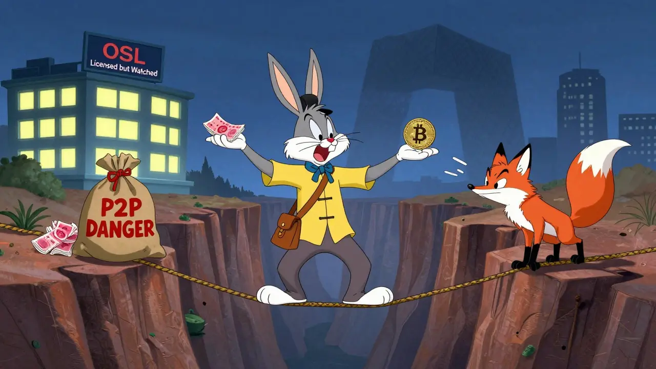 A trader balancing CNY and Bitcoin on a tightrope over P2P danger with OSL Exchange in background.