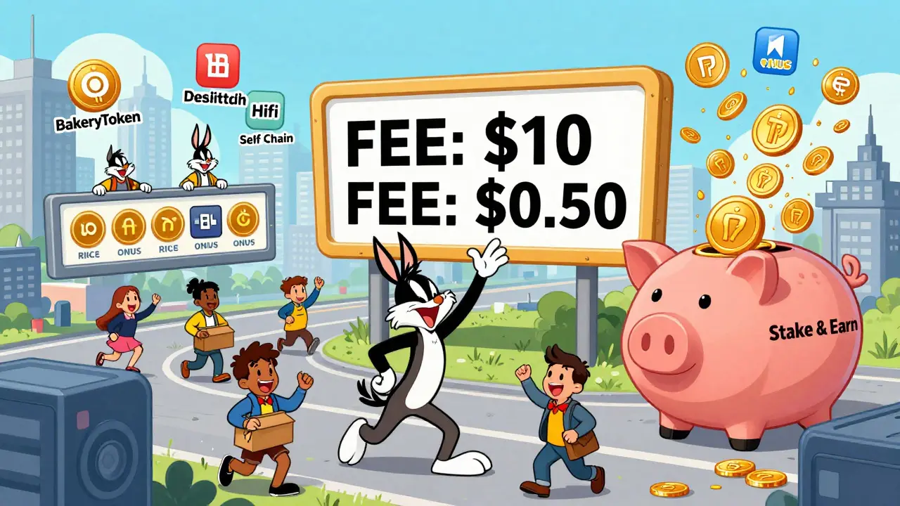 A vibrant city powered by RICE Wallet where users trade, stake, and earn ONUS tokens with reduced fees.