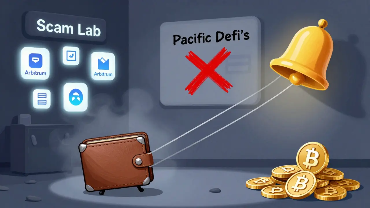 A wallet is pulled by invisible strings toward a scam lab, while legitimate projects glow nearby in cartoon style.
