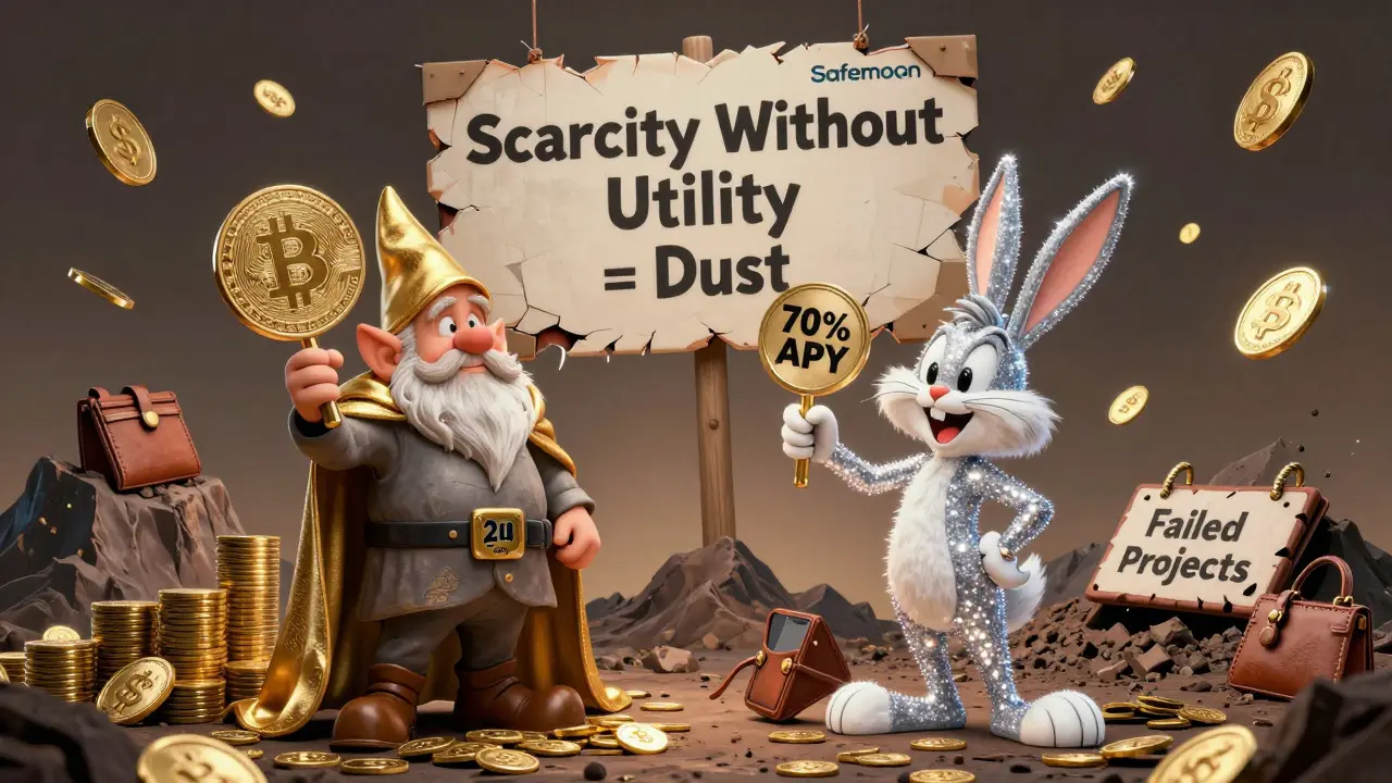 A wise Bitcoin gnome standing strong while a flashy BullZilla rabbit crumbles beside falling NFTs, under a sign saying 'Scarcity Without Utility = Dust.'
