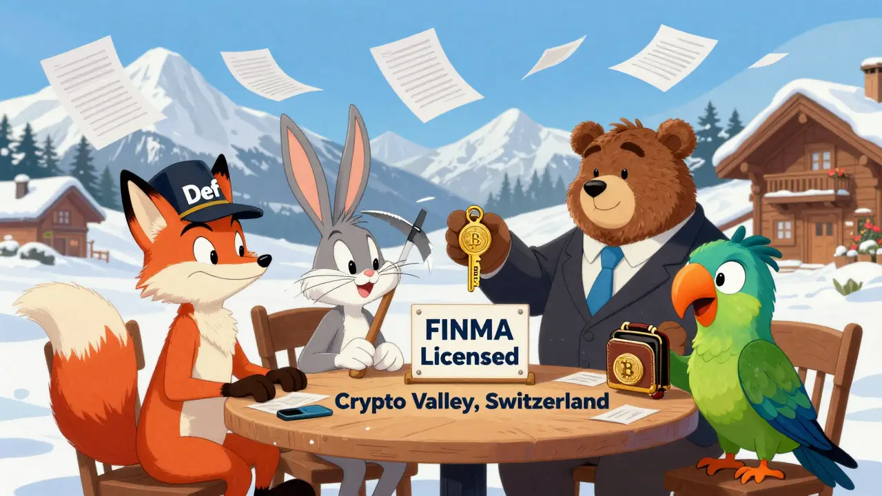 Animals in Switzerland receiving bank access key from friendly bear, paperwork flying away
