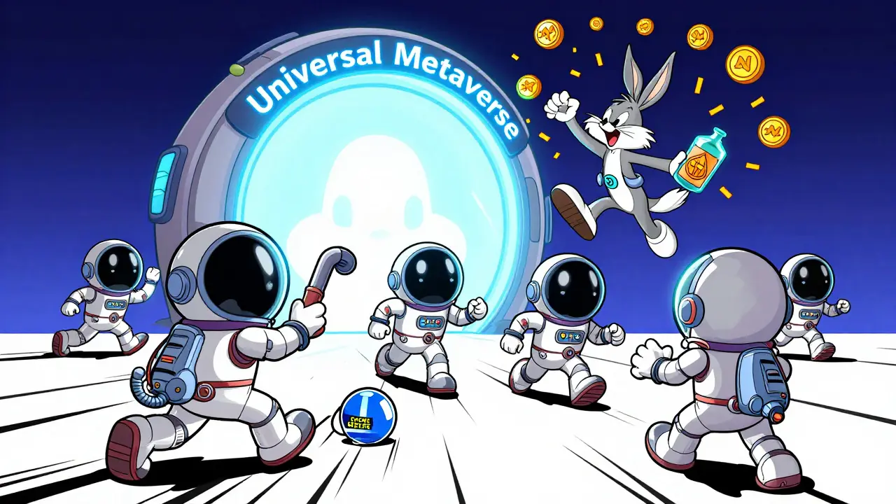 Animated figures connecting wallets to a glowing portal while clearing cookies and holding Metamon NFTs in Looney Tunes style.