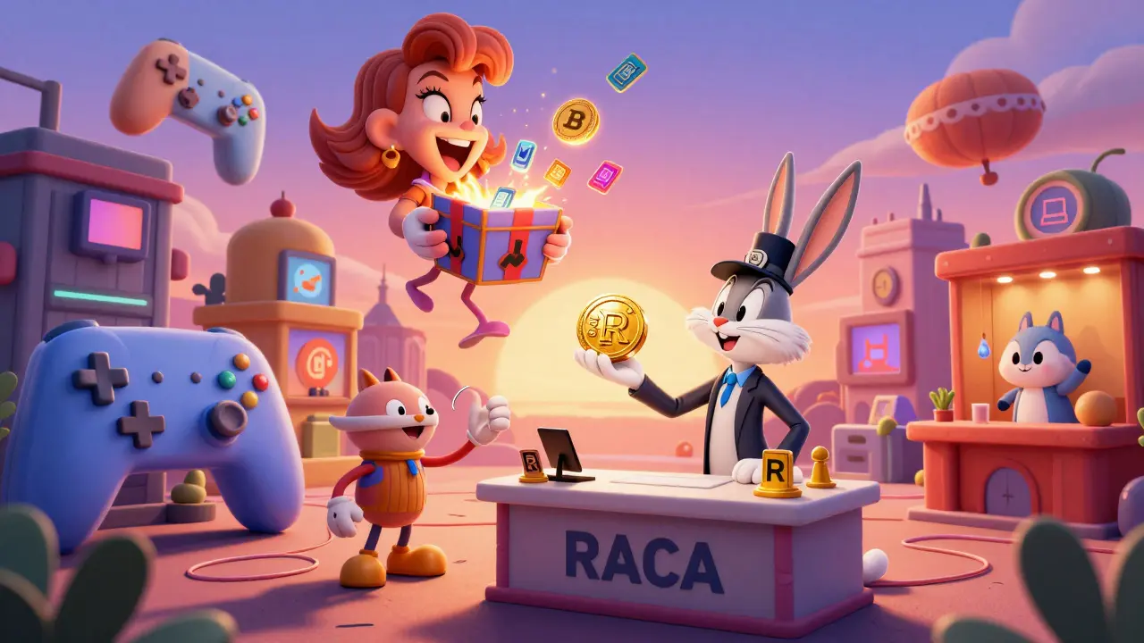 Cartoon avatars trading NFTs in a surreal metaverse marketplace with floating buildings and a Mystery Box bursting in the sky.