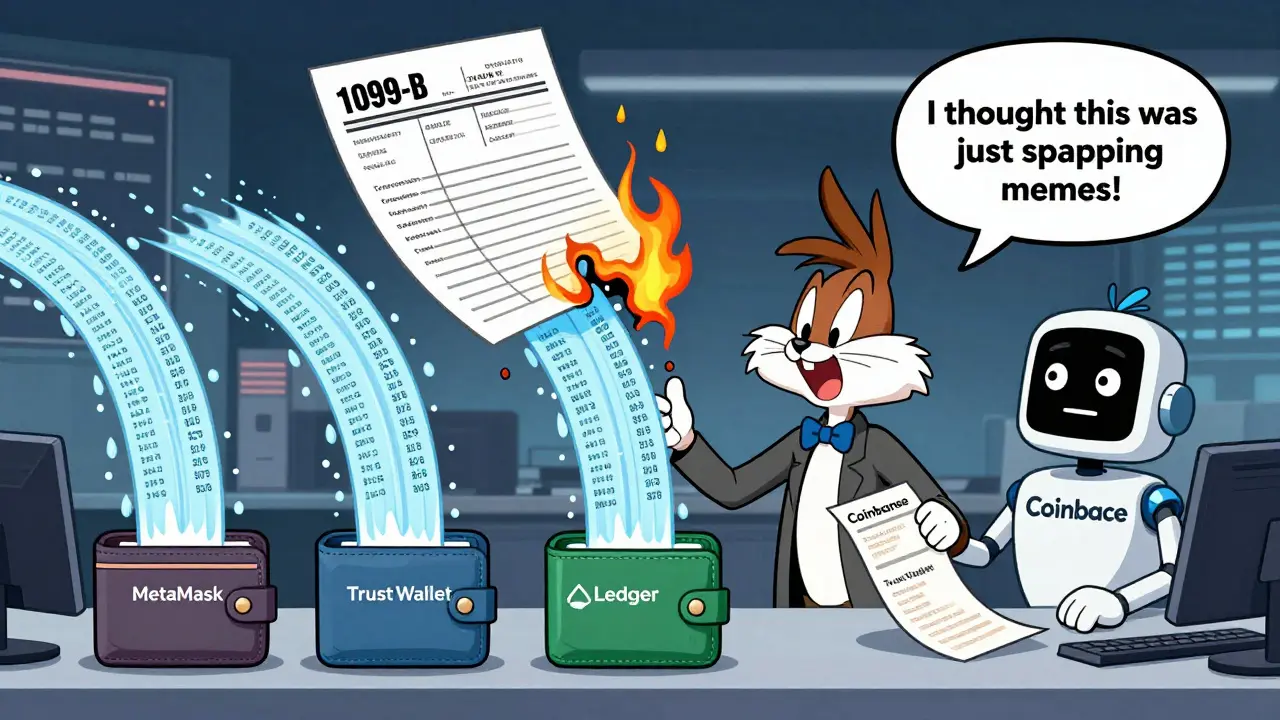 Chaotic trading scene with three wallets spewing data, a broken 1099-B, and confused robot in Looney Tunes style.