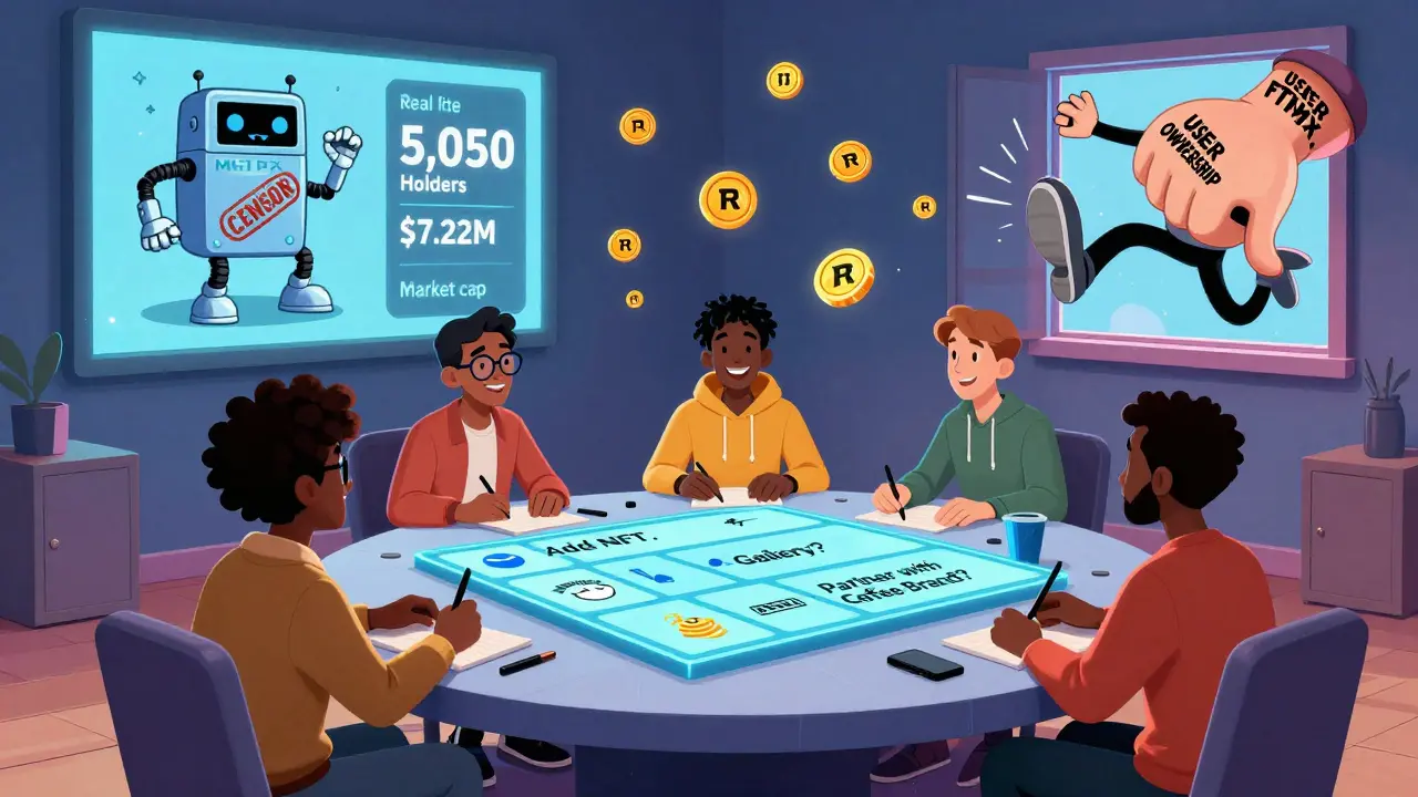 Creators voting on holographic options while a censor robot is kicked out, surrounded by blockchain blocks and FTMX tokens.