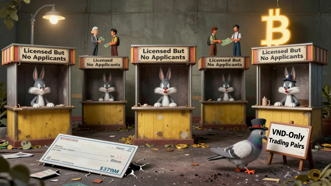 Five abandoned licensed crypto exchanges sit empty while traders use cash and Telegram for peer-to-peer deals.