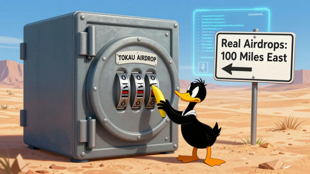 Giant vault labeled TOKAU AIRDROP sits empty in desert, Daffy Duck tries to open it with a banana.