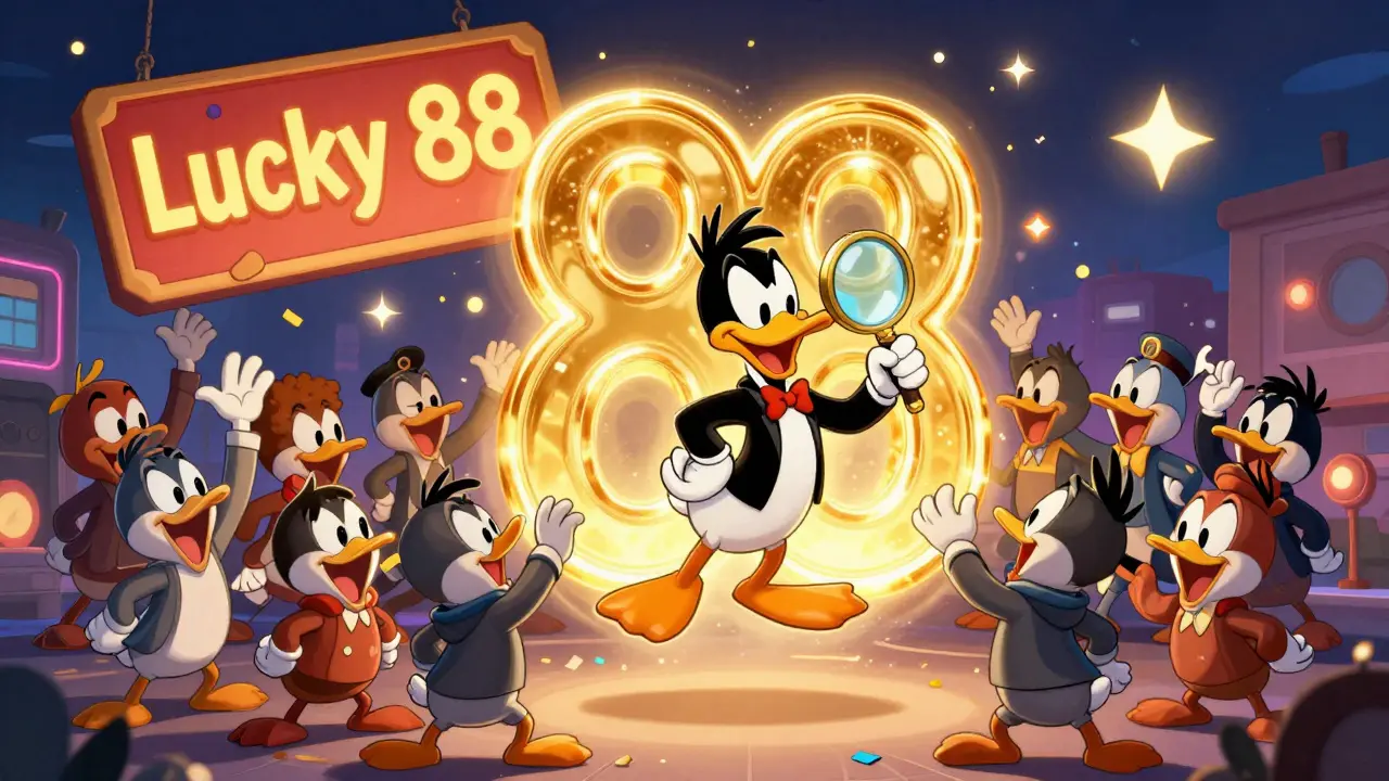 Golden 88 NFT floating above CoinMarketCap logo with Daffy Duck and crowd of characters
