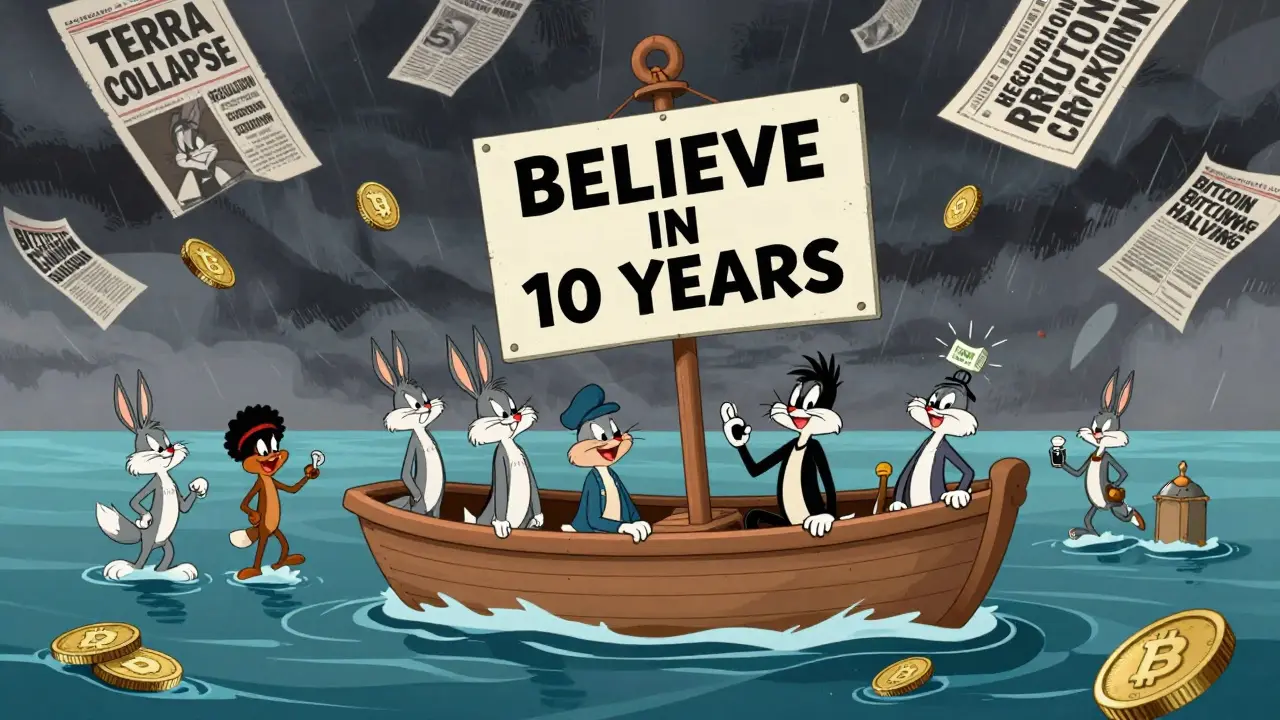 HODLers floating peacefully on crypto coins while stormy market headlines rage above, in Looney Tunes style.