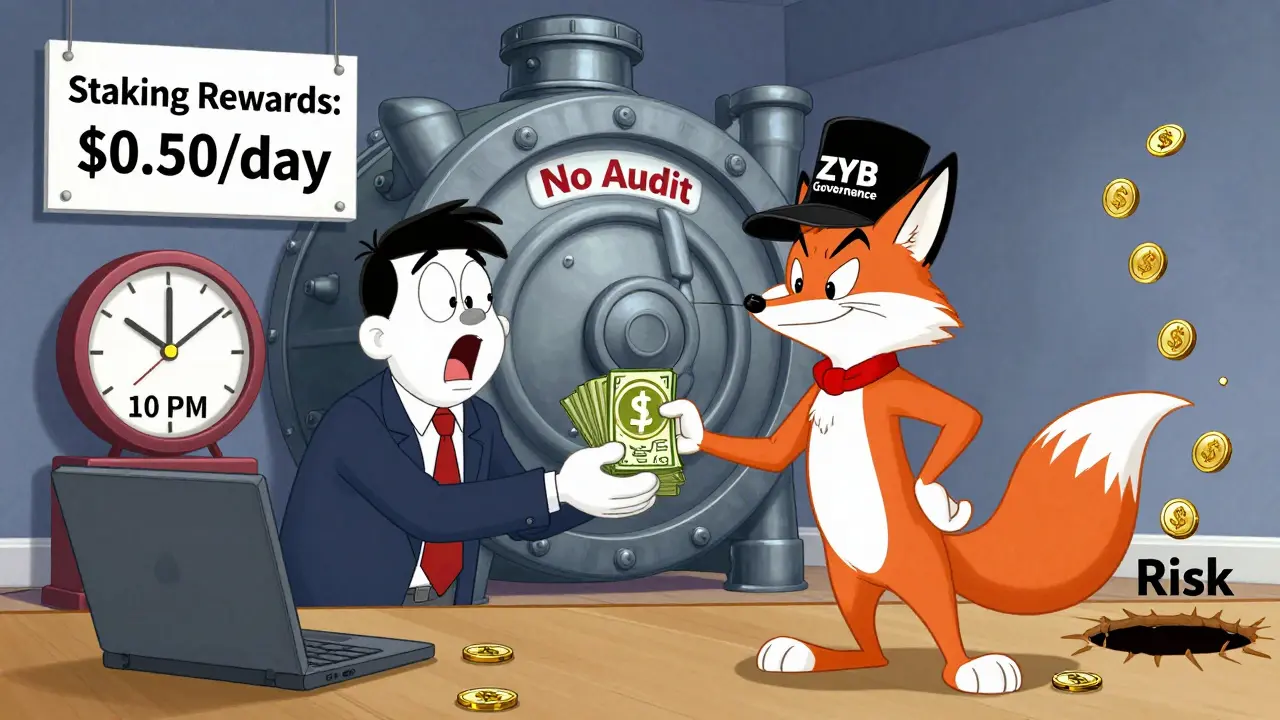 Investor gives coins to a fox in governance hat as staking rewards vanish into a 'No Audit' vault with a ticking clock.