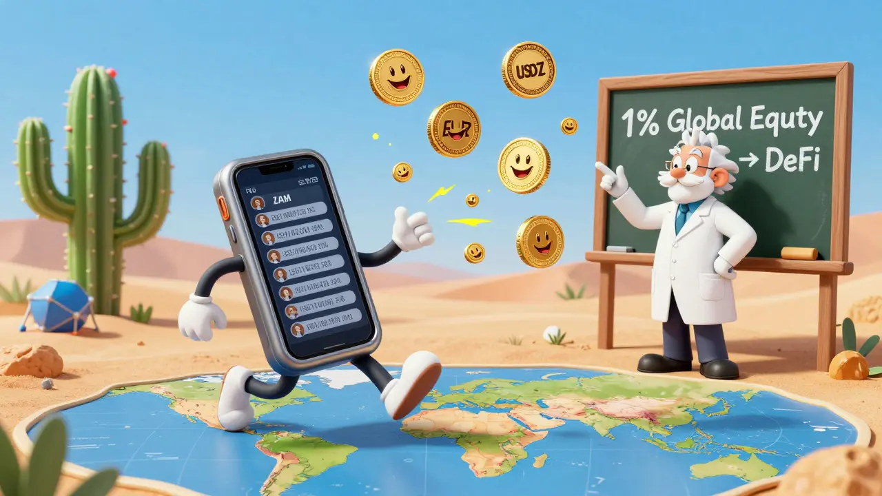 Phone-shaped wallet sending ZAM tokens via phone numbers across a world map