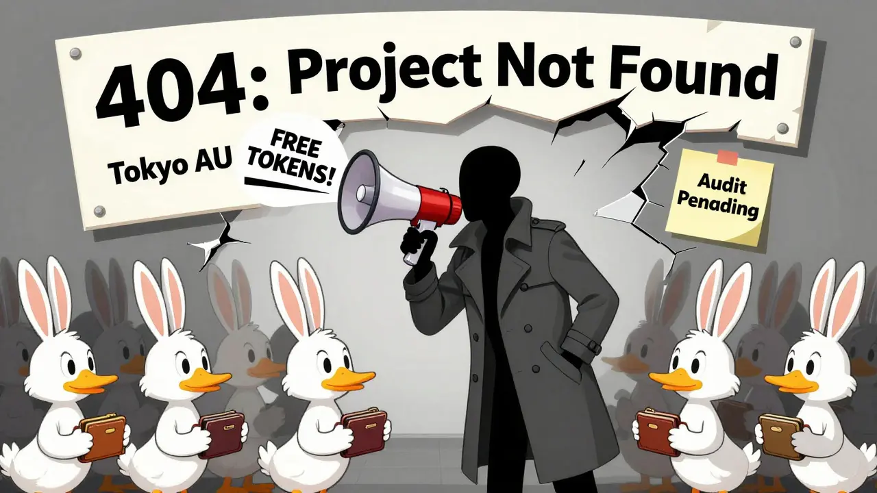 Shadowy figure whispers into a megaphone as cartoon animals hold wallets, behind a '404 Project Not Found' sign.