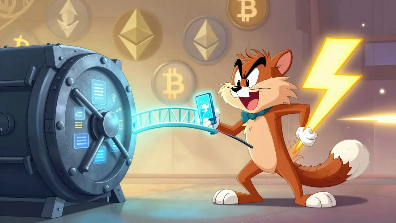 Taz split between secured vault and lightning bolt with bridge connection